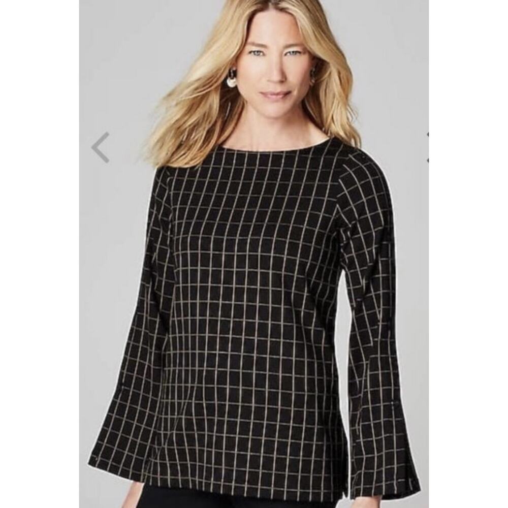J.Jill Black And Camel Windowpane Ponte Knit Button Sleeve Blouse Large Petite